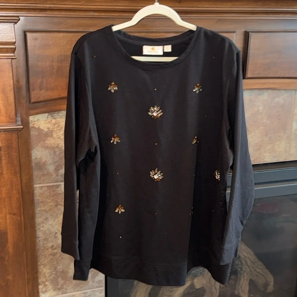Embellished bejeweled Quacker Factory black crew neck sweatshirt size 2X